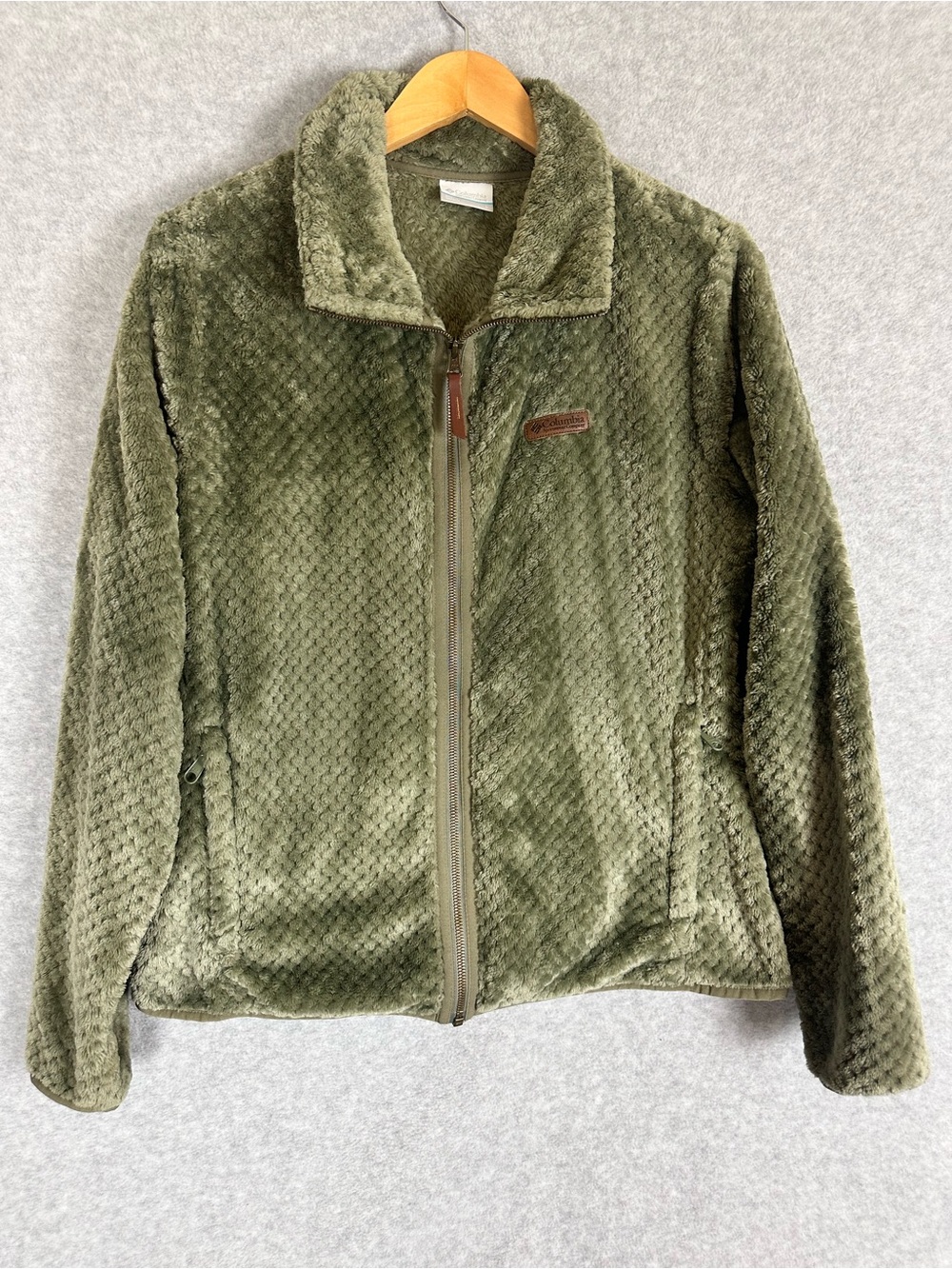 Columbia Sherpa Fleece Cozy Full Zip Jacket Coat Womens L Olive Green Outdoor